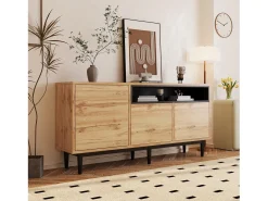 Aparador moderno de madera con 3 puertas y estantes, fabricado en madera natural, cómoda.