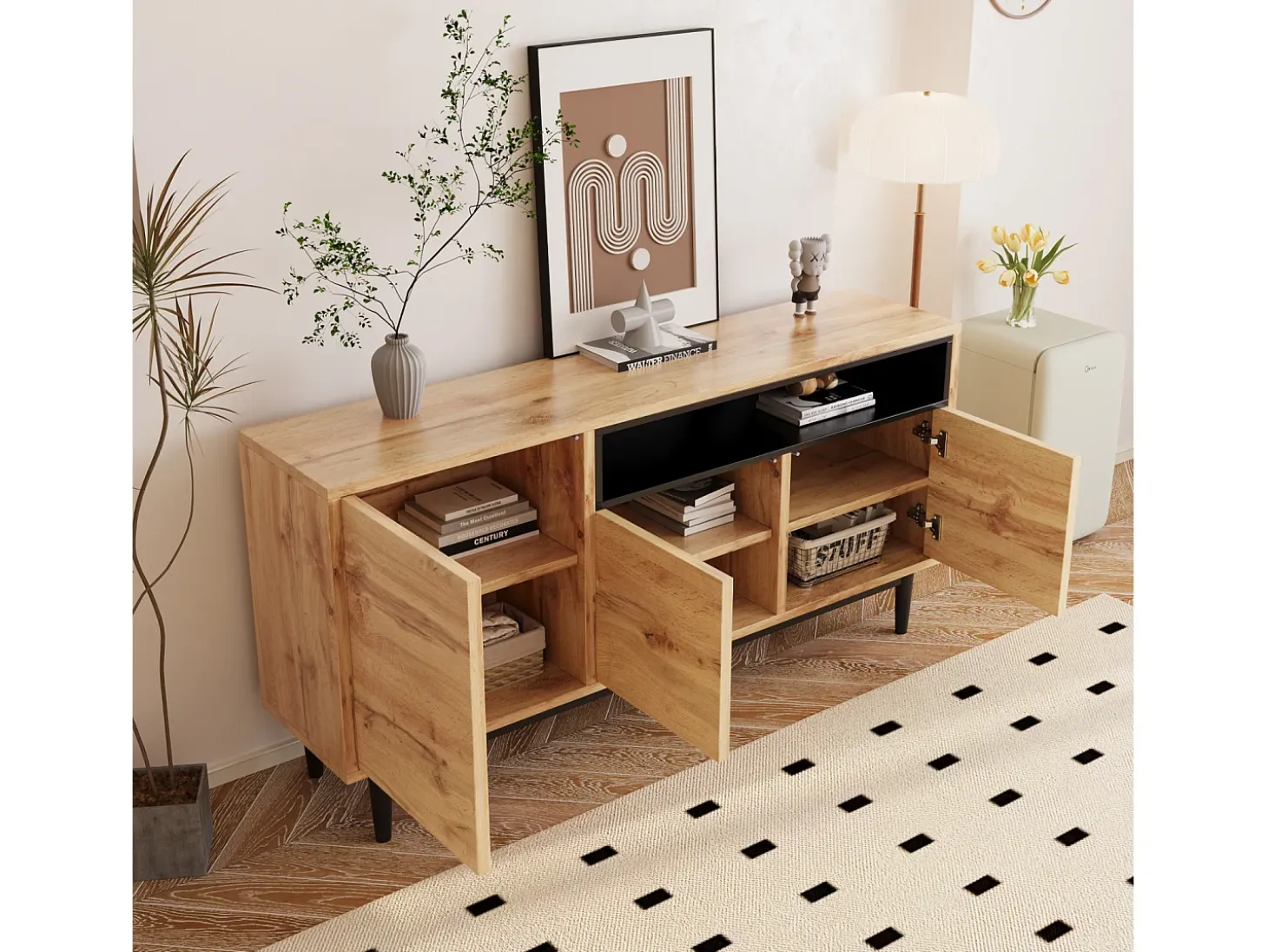 Aparador moderno de madera con 3 puertas y estantes, fabricado en madera natural, cómoda.