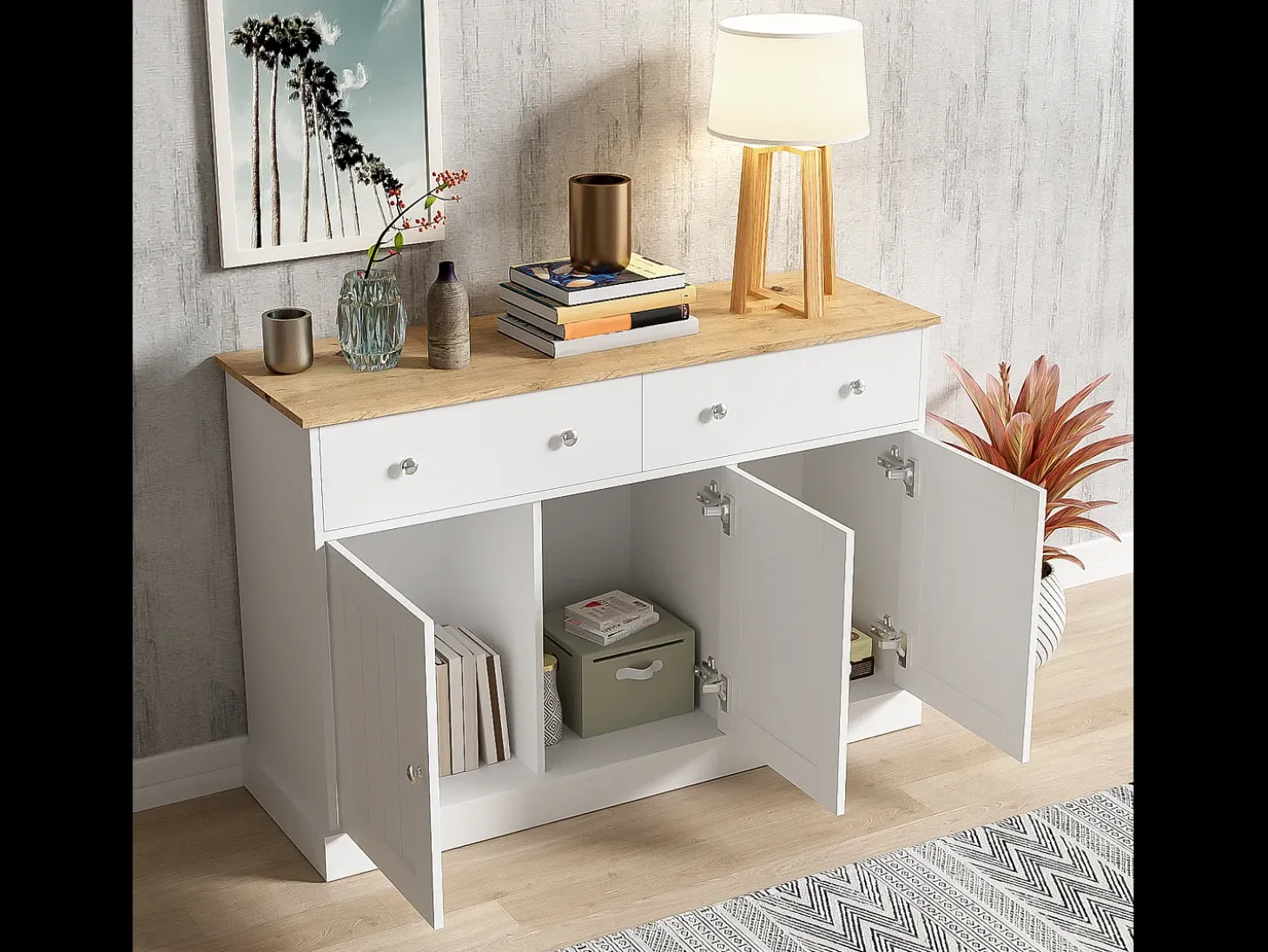 Aparador moderno, diseño limpio, MDF, blanco y madera, 4 puertas y 2 cajones (120x36x80,5 cm)