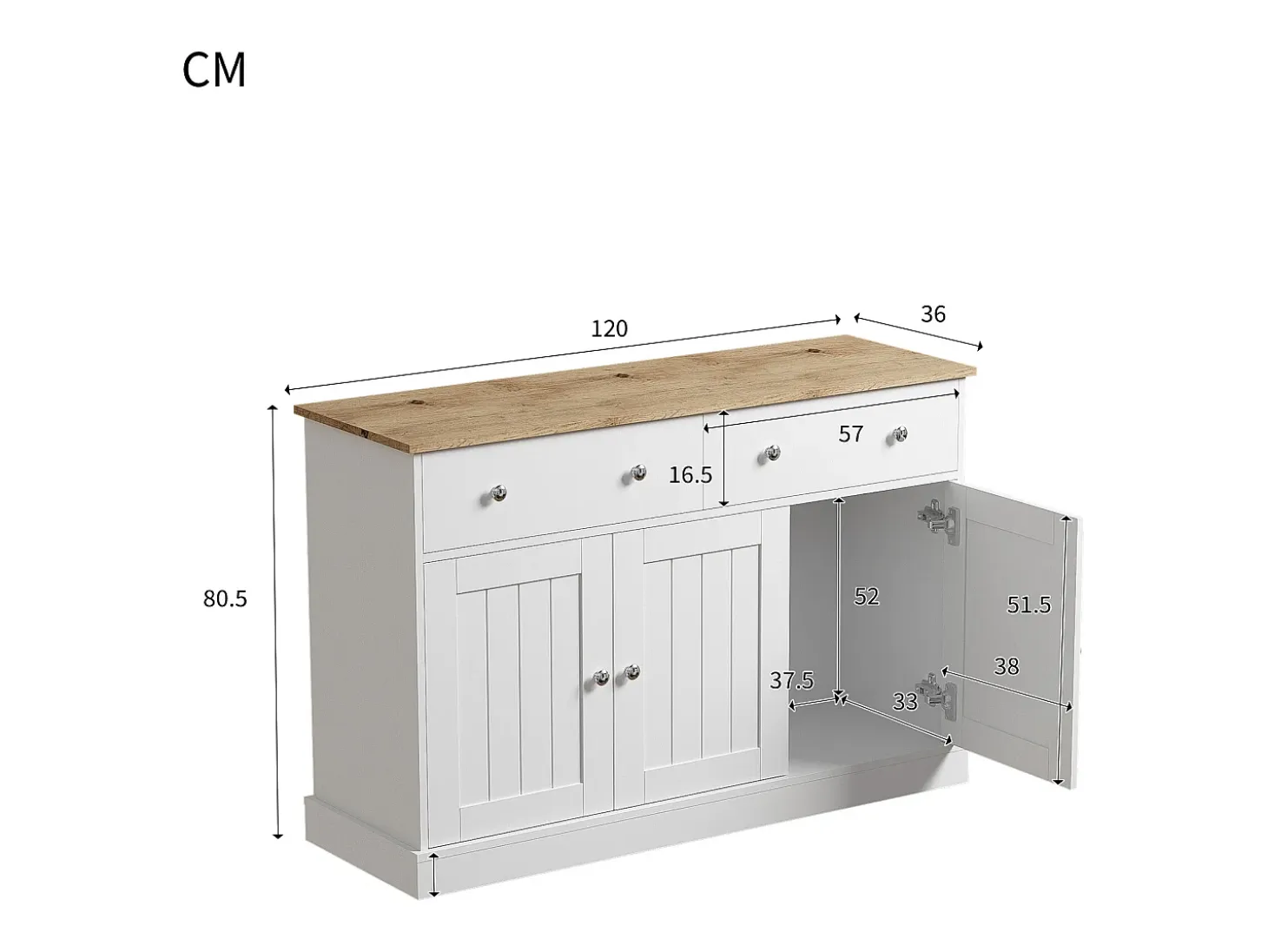 Aparador moderno, diseño limpio, MDF, blanco y madera, 4 puertas y 2 cajones (120x36x80,5 cm)