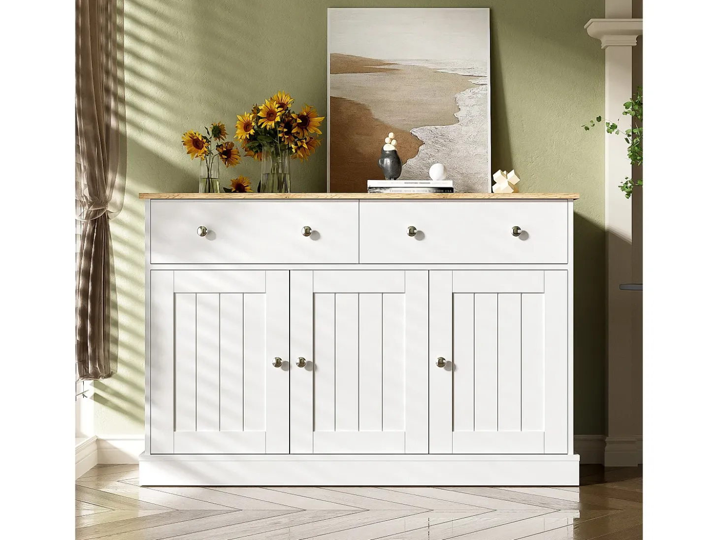 Aparador moderno, diseño limpio, MDF, blanco y madera, 4 puertas y 2 cajones (120x36x80,5 cm)