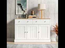 Aparador moderno, diseño limpio, MDF, blanco y madera, 4 puertas y 2 cajones (120x36x80,5 cm)