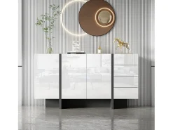 Aparador moderno, diseño limpio, MDF, lacado blanco con detalles en negro, 4 puertas y 2 cajones (150x40x80,5 cm)