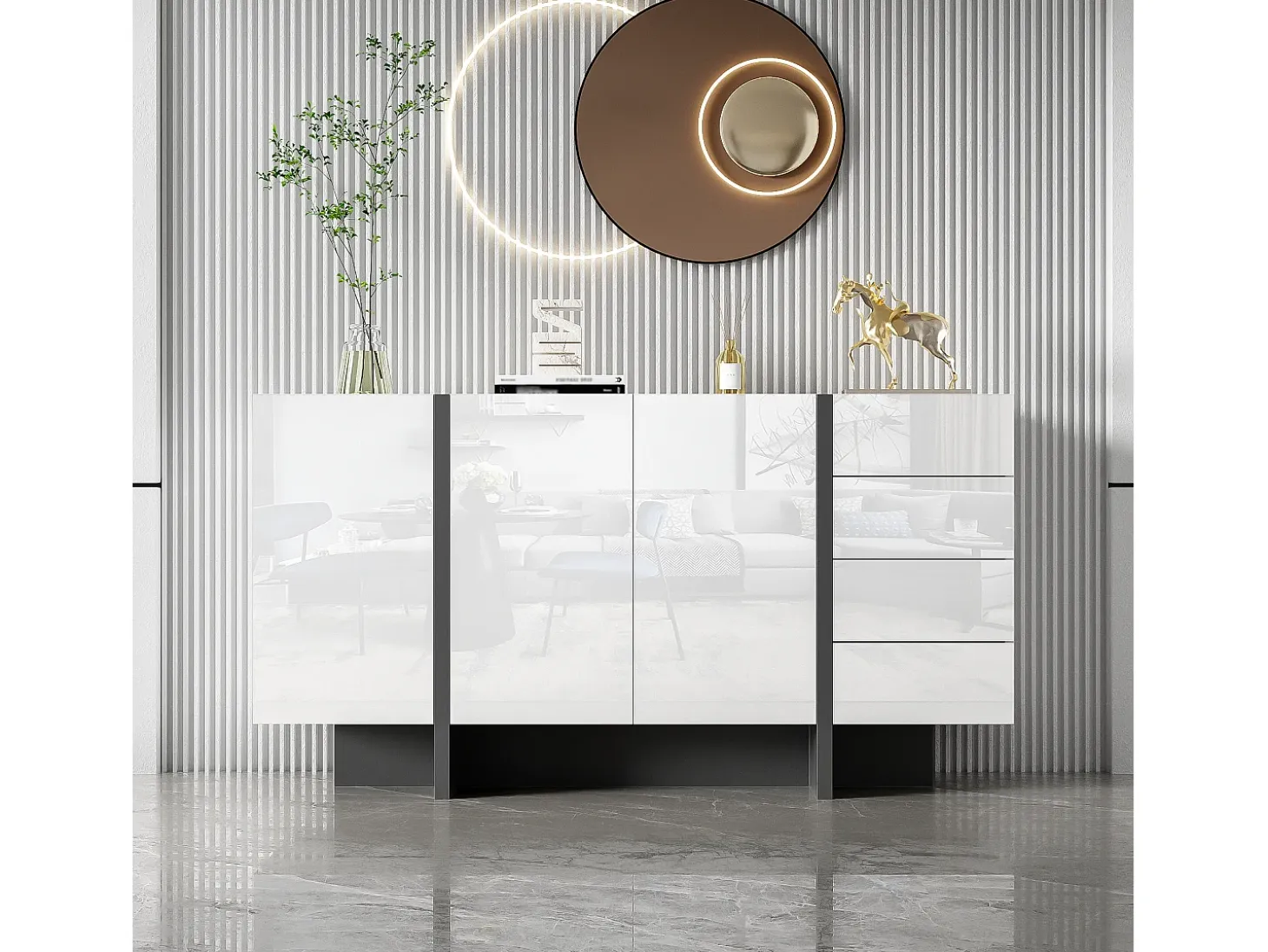 Aparador moderno, diseño limpio, MDF, lacado blanco con detalles en negro, 4 puertas y 2 cajones (150x40x80,5 cm)