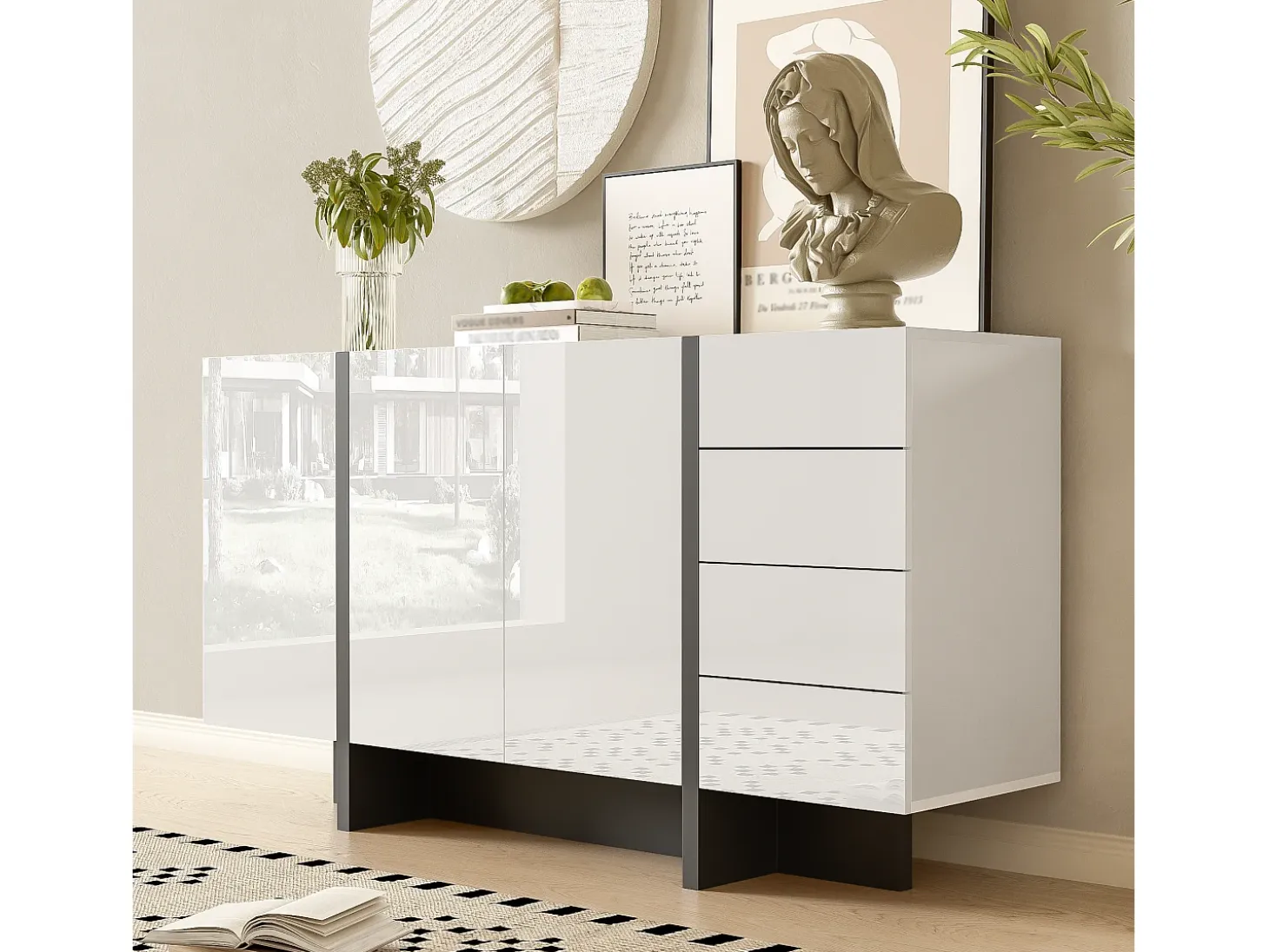 Aparador moderno, diseño limpio, MDF, lacado blanco con detalles en negro, 4 puertas y 2 cajones (150x40x80,5 cm)