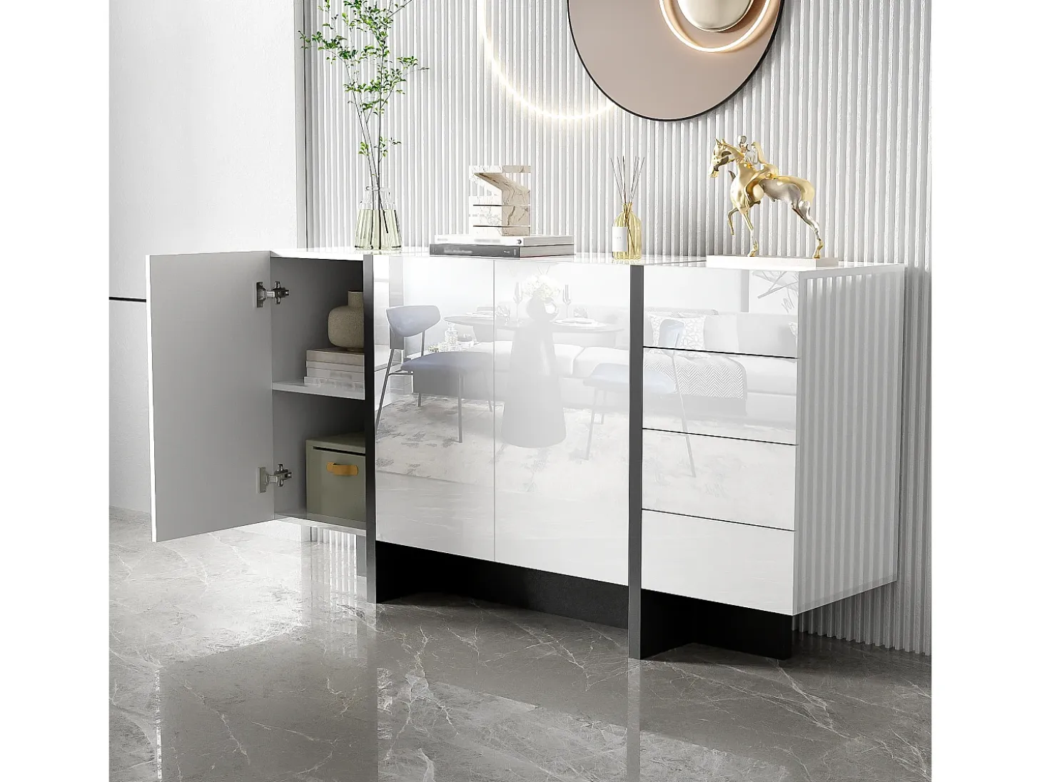 Aparador moderno, diseño limpio, MDF, lacado blanco con detalles en negro, 4 puertas y 2 cajones (150x40x80,5 cm)