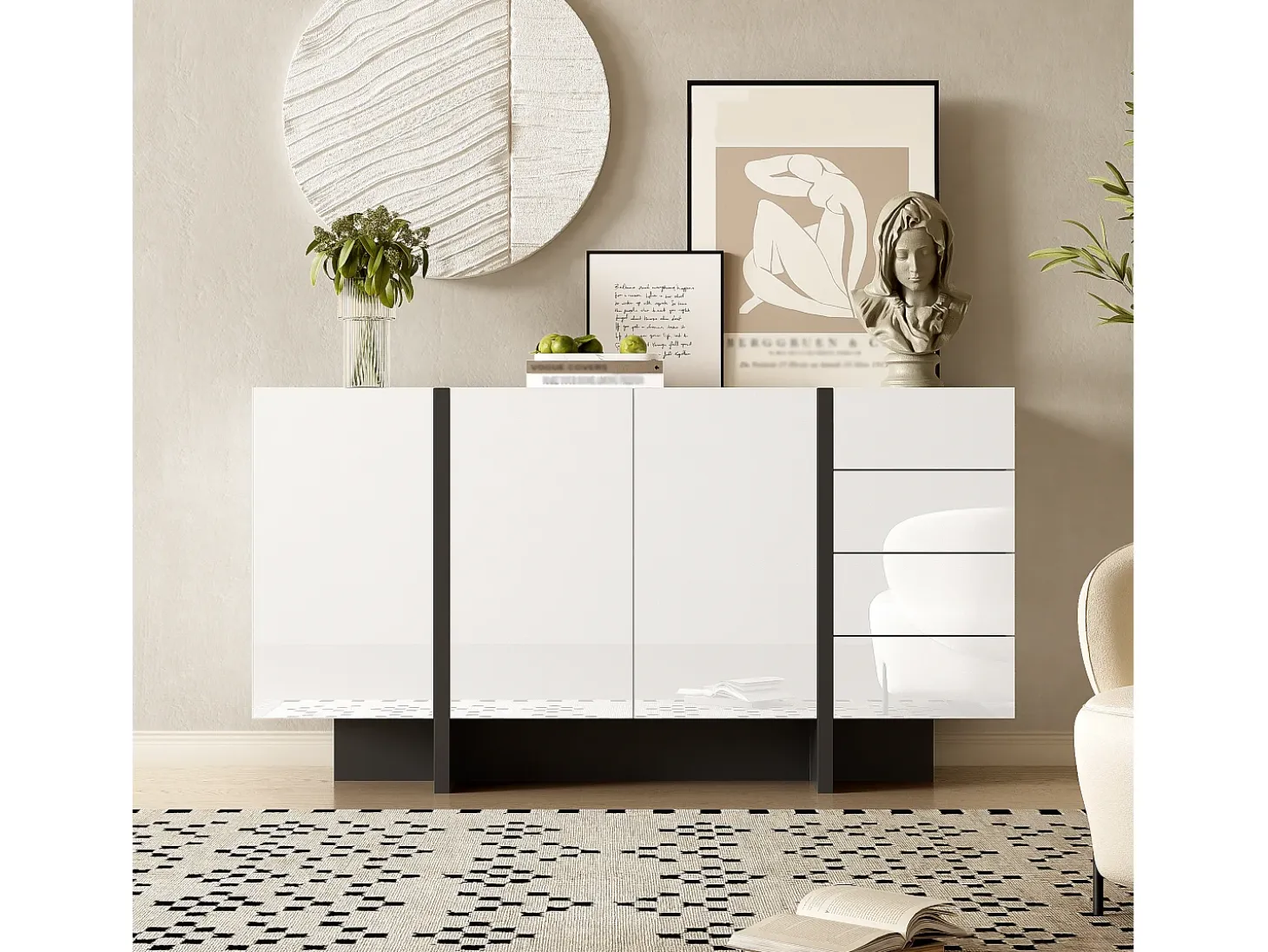 Aparador moderno, diseño limpio, MDF, lacado blanco con detalles en negro, 4 puertas y 2 cajones (150x40x80,5 cm)