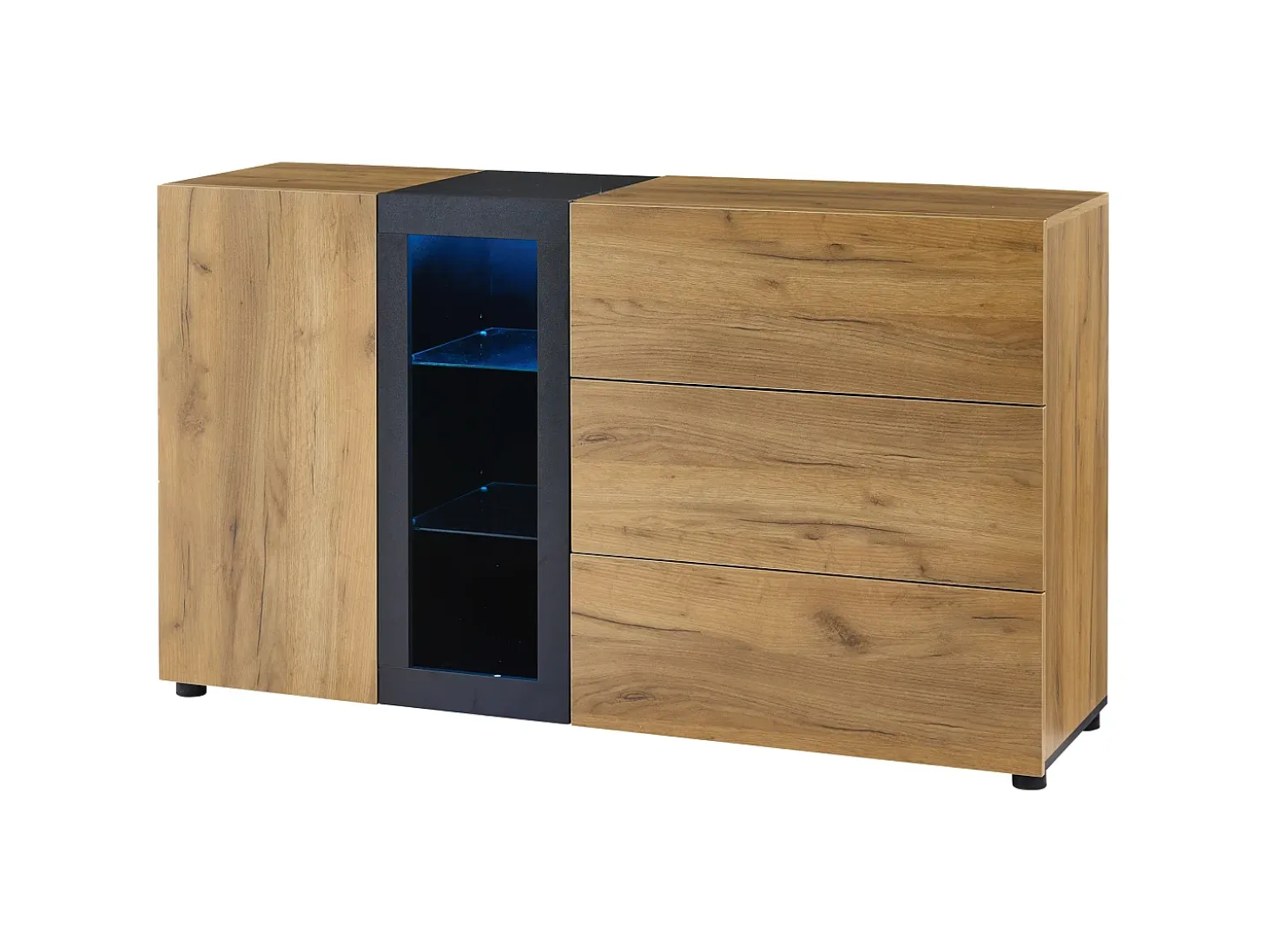 Aparador moderno, diseño minimalista, MDF, negro y marrón, con 3 cajones y estantes de cristal (140x40x80 cm)