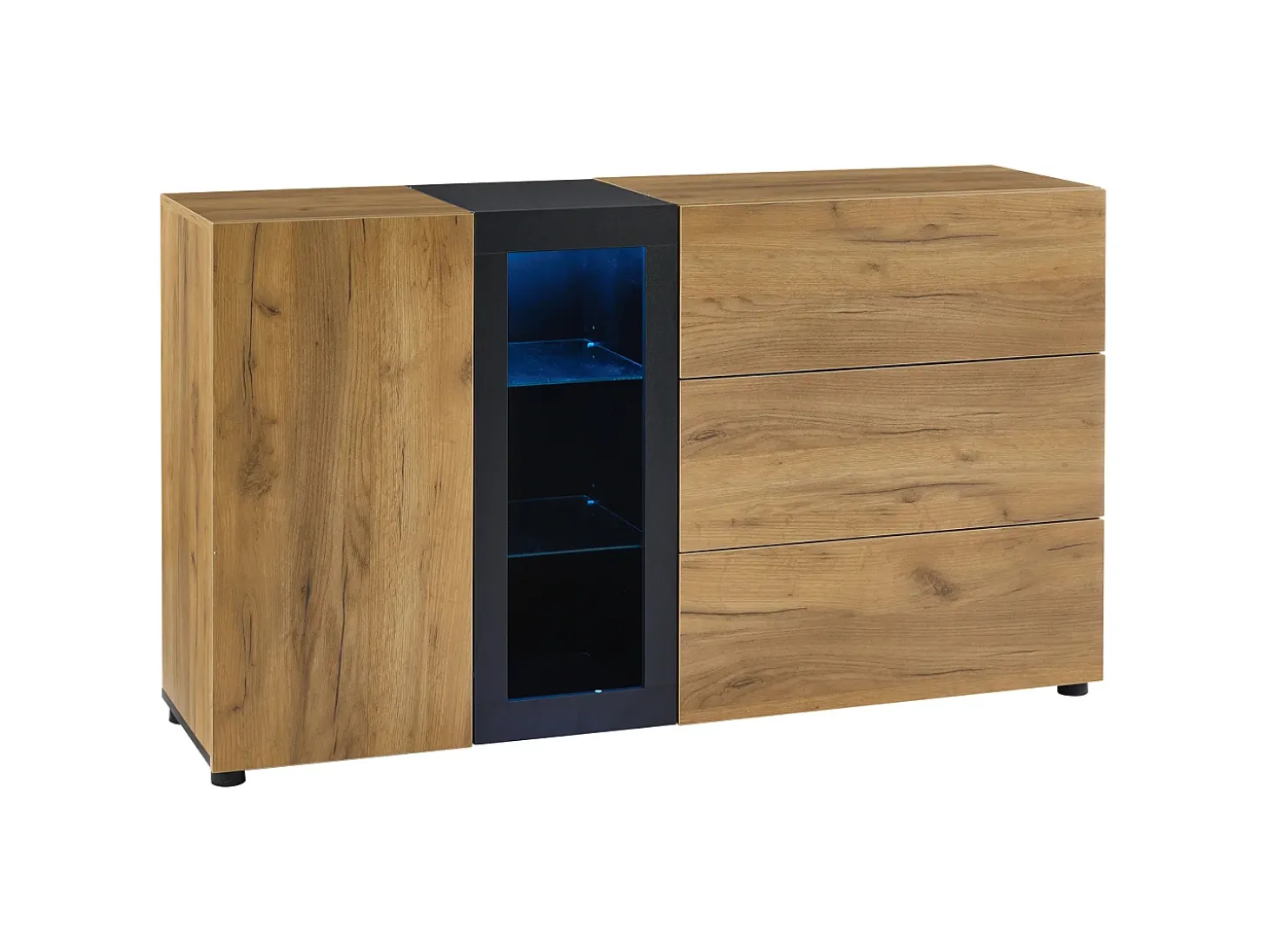 Aparador moderno, diseño minimalista, MDF, negro y marrón, con 3 cajones y estantes de cristal (140x40x80 cm)