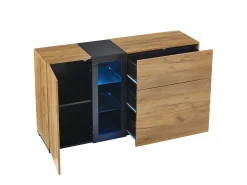 Aparador moderno, diseño minimalista, MDF, negro y marrón, con 3 cajones y estantes de cristal (140x40x80 cm)