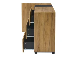 Aparador moderno, diseño minimalista, MDF, negro y marrón, con 3 cajones y estantes de cristal (140x40x80 cm)