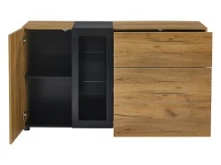 Aparador moderno, diseño minimalista, MDF, negro y marrón, con 3 cajones y estantes de cristal (140x40x80 cm)