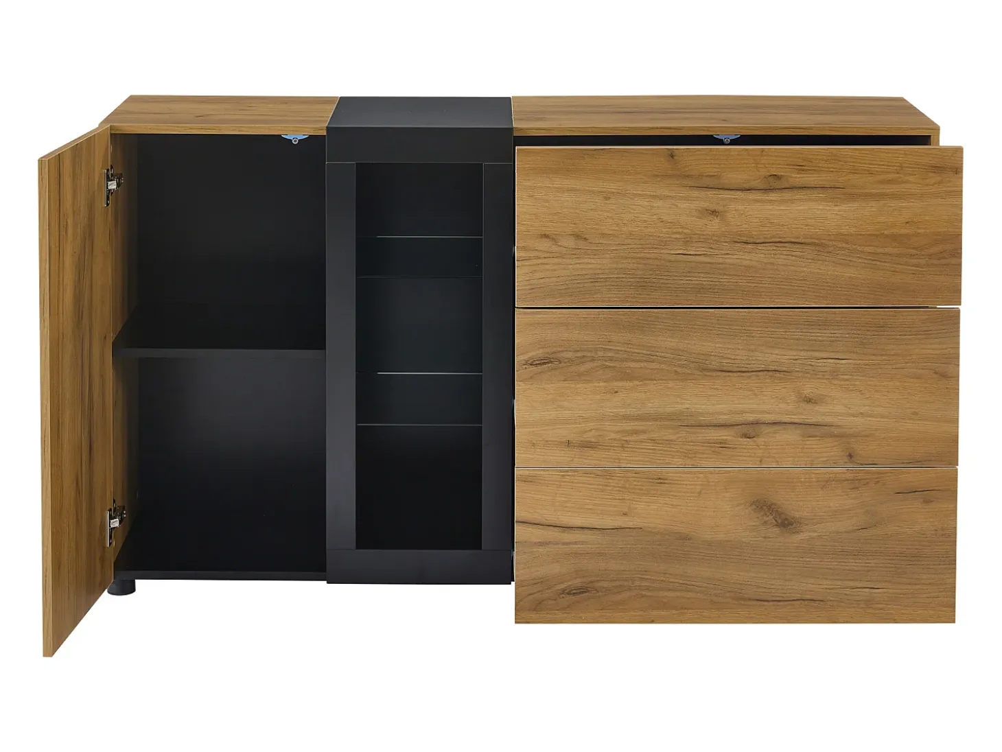 Aparador moderno, diseño minimalista, MDF, negro y marrón, con 3 cajones y estantes de cristal (140x40x80 cm)