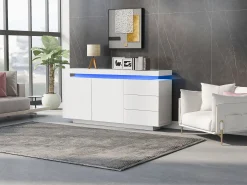 Aparador moderno lacado alto brillo para salón - 140 x 38 x 72,5 cm - con 2 puertas + 3 cajones + LED - aglomerado - blanco