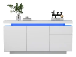 Aparador moderno lacado alto brillo para salón - 140 x 38 x 72,5 cm - con 2 puertas + 3 cajones + LED - aglomerado - blanco