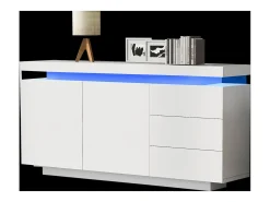 Aparador moderno lacado alto brillo para salón - 140 x 38 x 72,5 cm - con 2 puertas + 3 cajones + LED - aglomerado - blanco