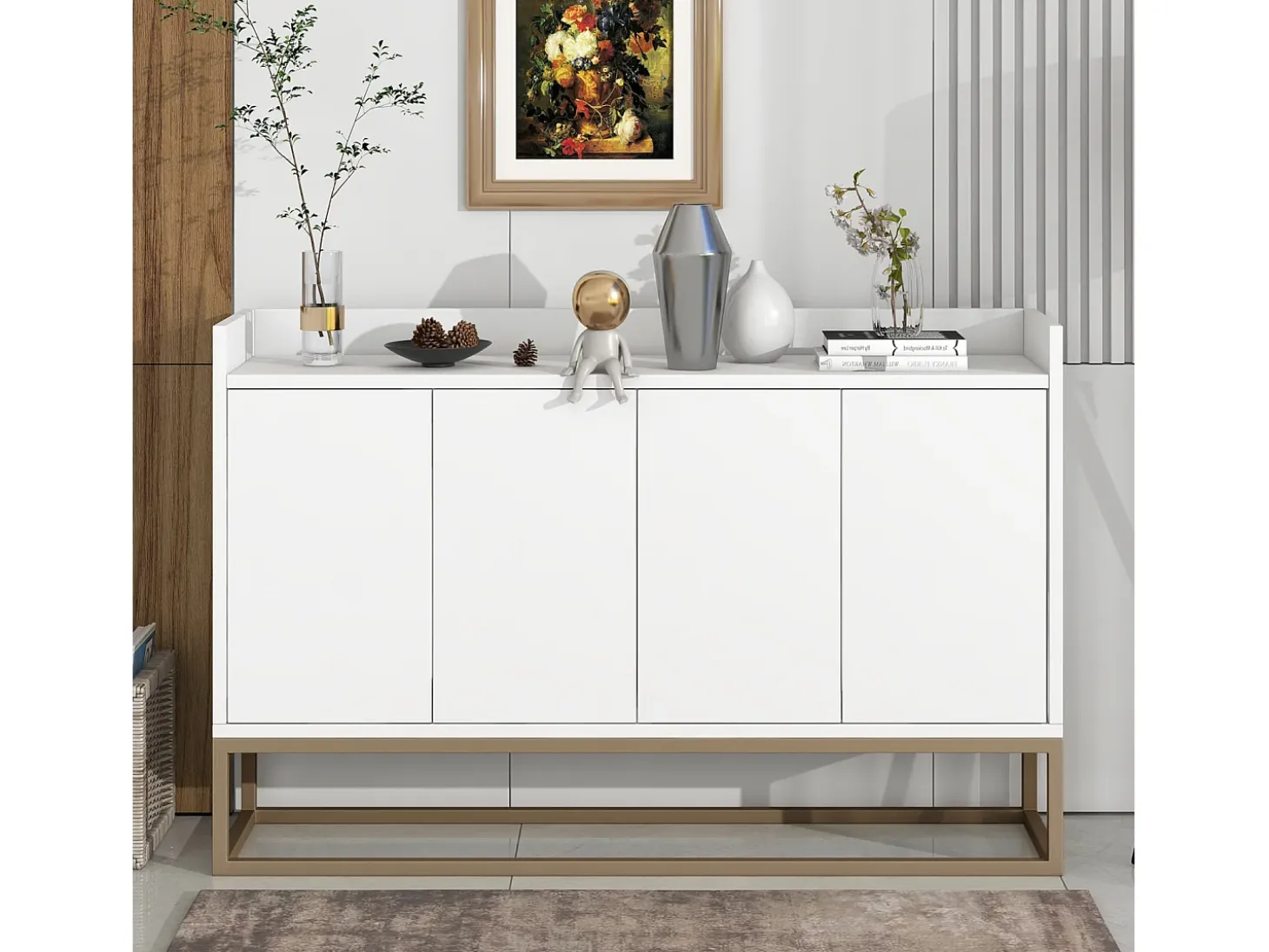 Aparador moderno 120x30 cm, cómoda con puertas, mueble de almacenaje, aparador sin tiradores, color blanco