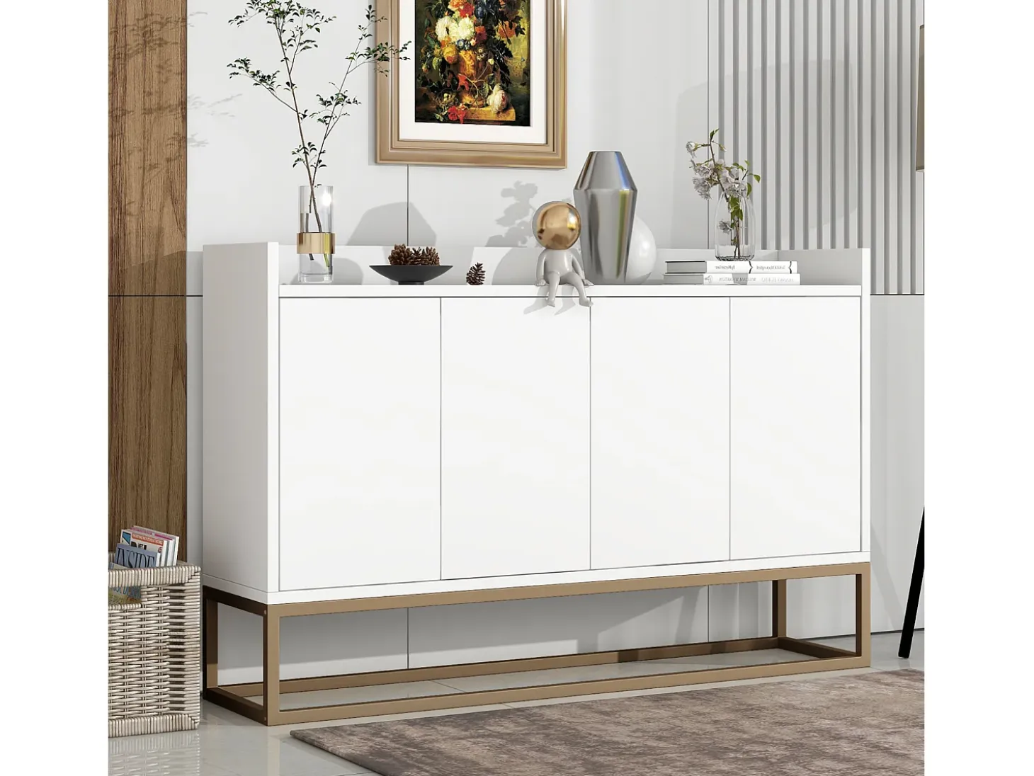 Aparador moderno 120x30 cm, cómoda con puertas, mueble de almacenaje, aparador sin tiradores, color blanco