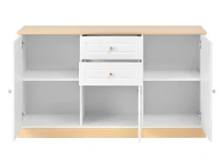 Aparador moderno 135,5x39x76 cm - 3 puertas y 2 cajones - Amplio tablero - Estantes ajustables - Tableros de partículas - Blanco+naturaleza