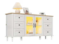 Aparador moderno 150x40x75 cm - Iluminación LED - 2 puertas de acrílico y 6 cajones - MDF - Blanco y natural