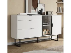 Aparador moderno 160x36x78 cm - Mueble de almacenamiento - 3 cajones y 2 puertas - Iluminación LED - Blanco
