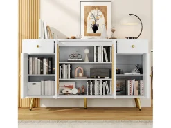Aparador moderno 140x30x82cm - con 2 cajones y 4 puertas - aspecto ratán - con estantes ajustables - blanco + natural