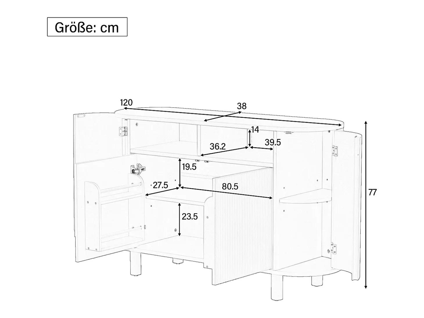 Aparador moderno 120x38x77cm - con 4 puertas - con patas de mueble ajustables - Blanco