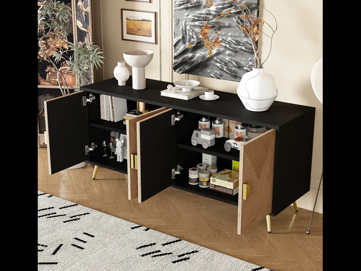 Aparador moderno 160x40x75cm con 4 puertas en imitación madera con relieve, color negro con patas doradas