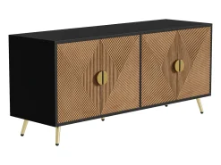 Aparador moderno 160x40x75cm con 4 puertas en imitación madera con relieve, color negro con patas doradas