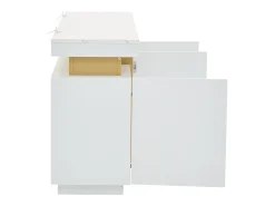Aparador moderno 140x38x70cm con 3 puertas y tapa efecto mármol, blanco y dorado