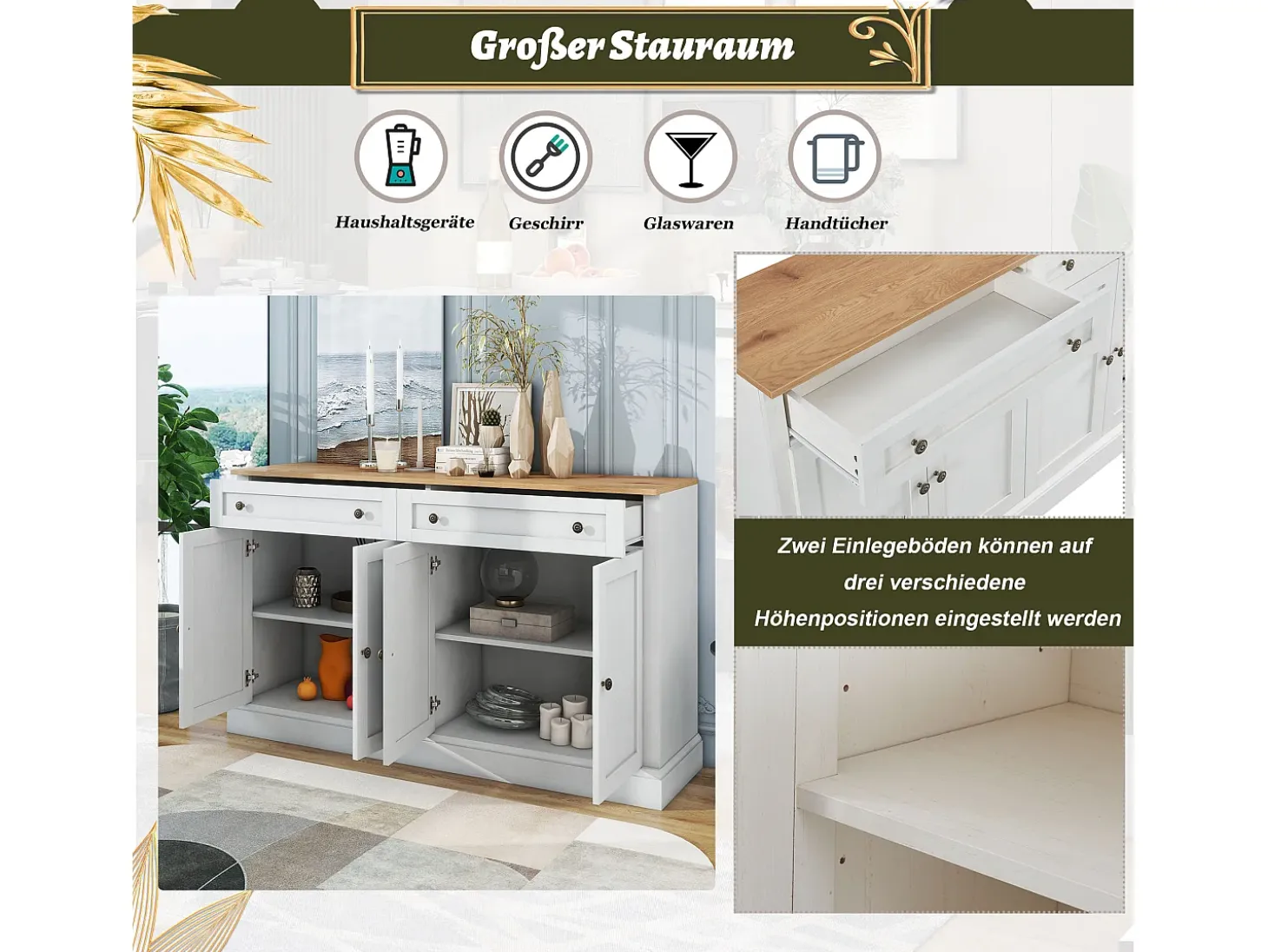 Aparador moderno y elegante con 4 puertas y 2 cajones, ideal para comedor, salón, dormitorio y recibidor (blanco y madera natural) (150 x 40 x 86 cm)
