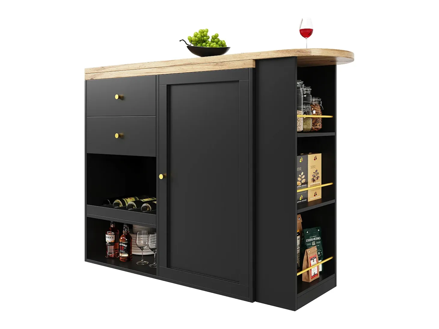 Aparador, Mueble bar giratorio y retráctil - 2 cajones y 6 compartimentos - Negro
