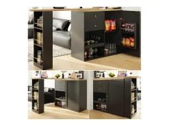 Aparador, Mueble bar giratorio y retráctil - 2 cajones y 6 compartimentos - Negro