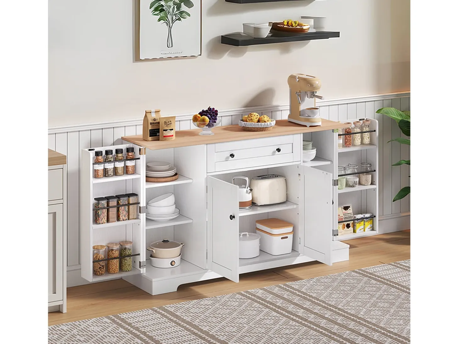 Aparador multifuncional - Aparador con cajón, puertas con estantes regulables, diseño moderno con protección antivuelco (138x47x80 cm)