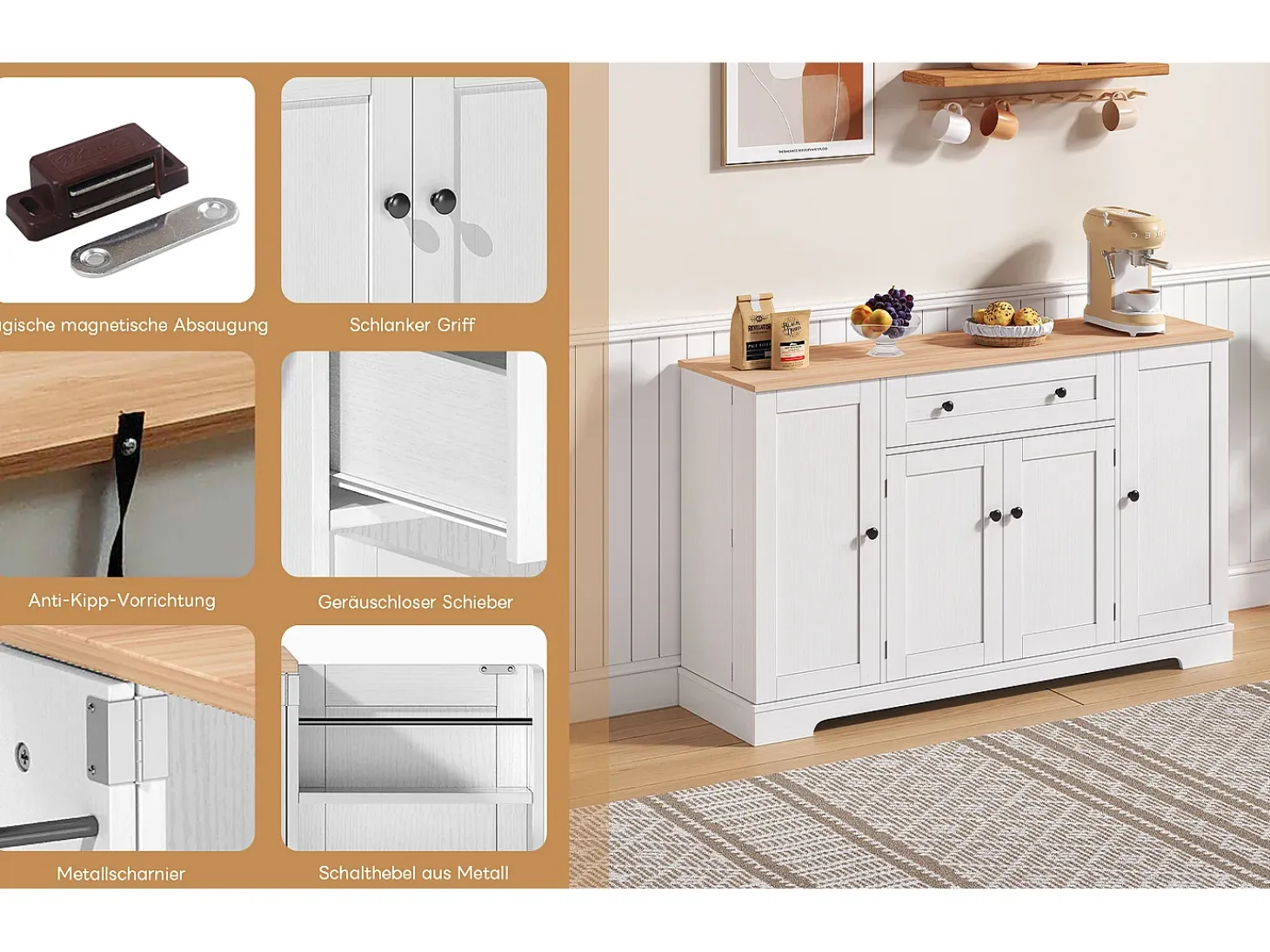Aparador multifuncional - Aparador con cajón, puertas con estantes regulables, diseño moderno con protección antivuelco (138x47x80 cm)