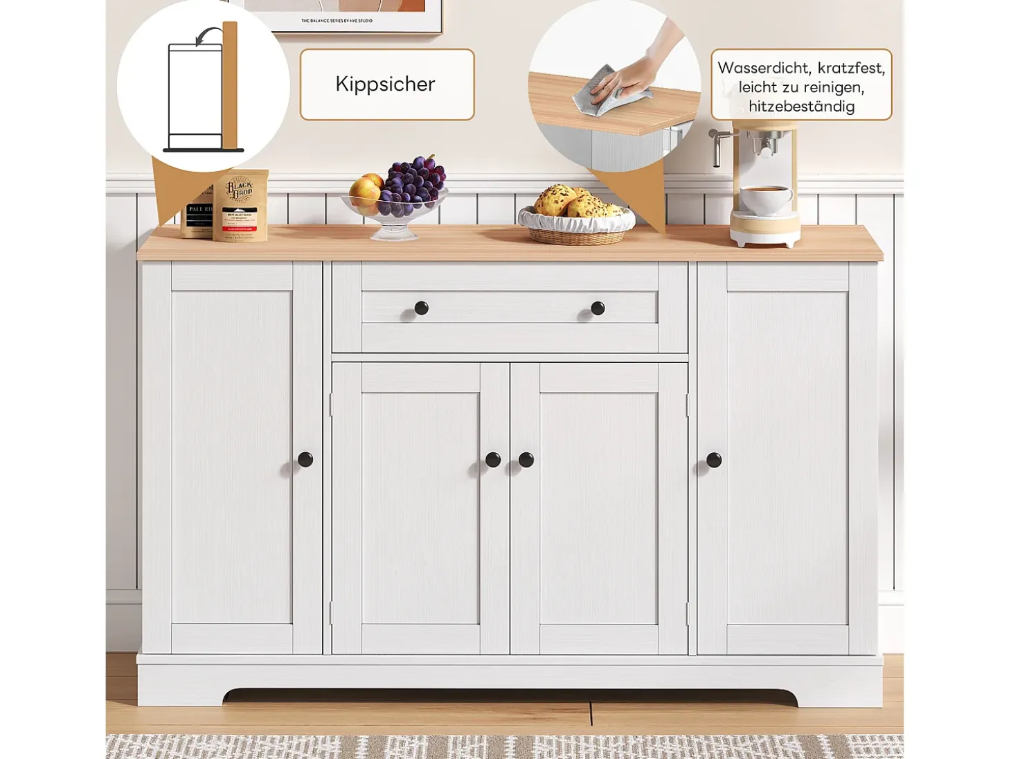 Aparador multifuncional - Aparador con cajón, puertas con estantes regulables, diseño moderno con protección antivuelco (138x47x80 cm)
