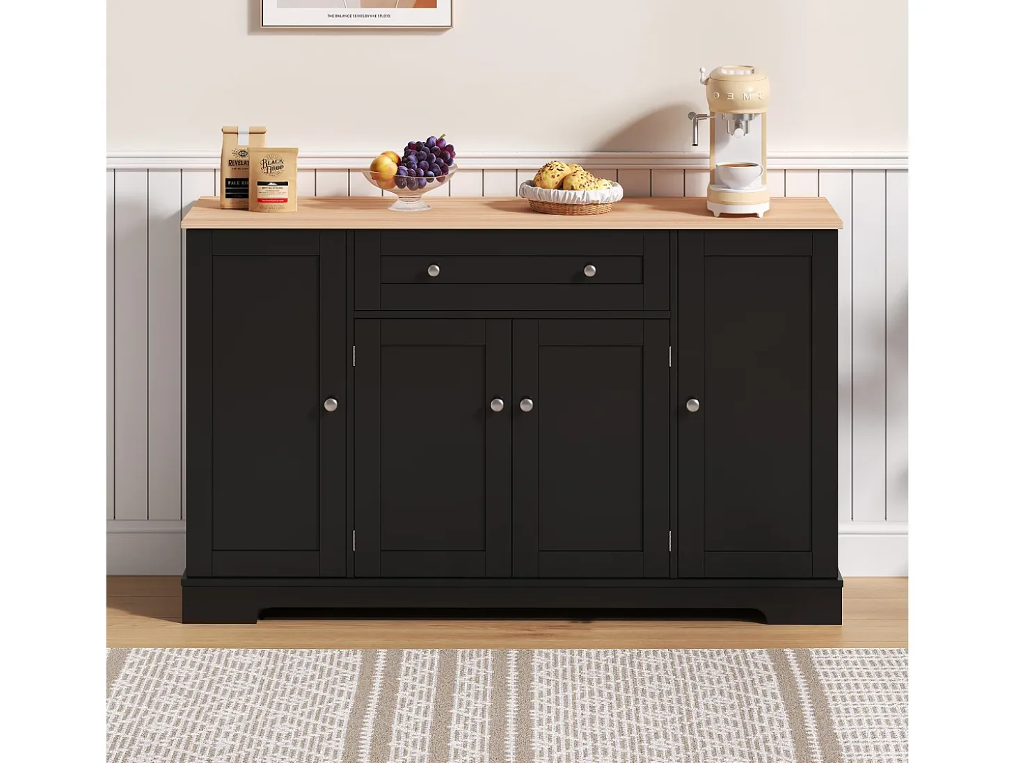 Aparador multifuncional – Aparador de 138 cm con cajón, puertas con estantes regulables, diseño moderno (138x47x80 cm)