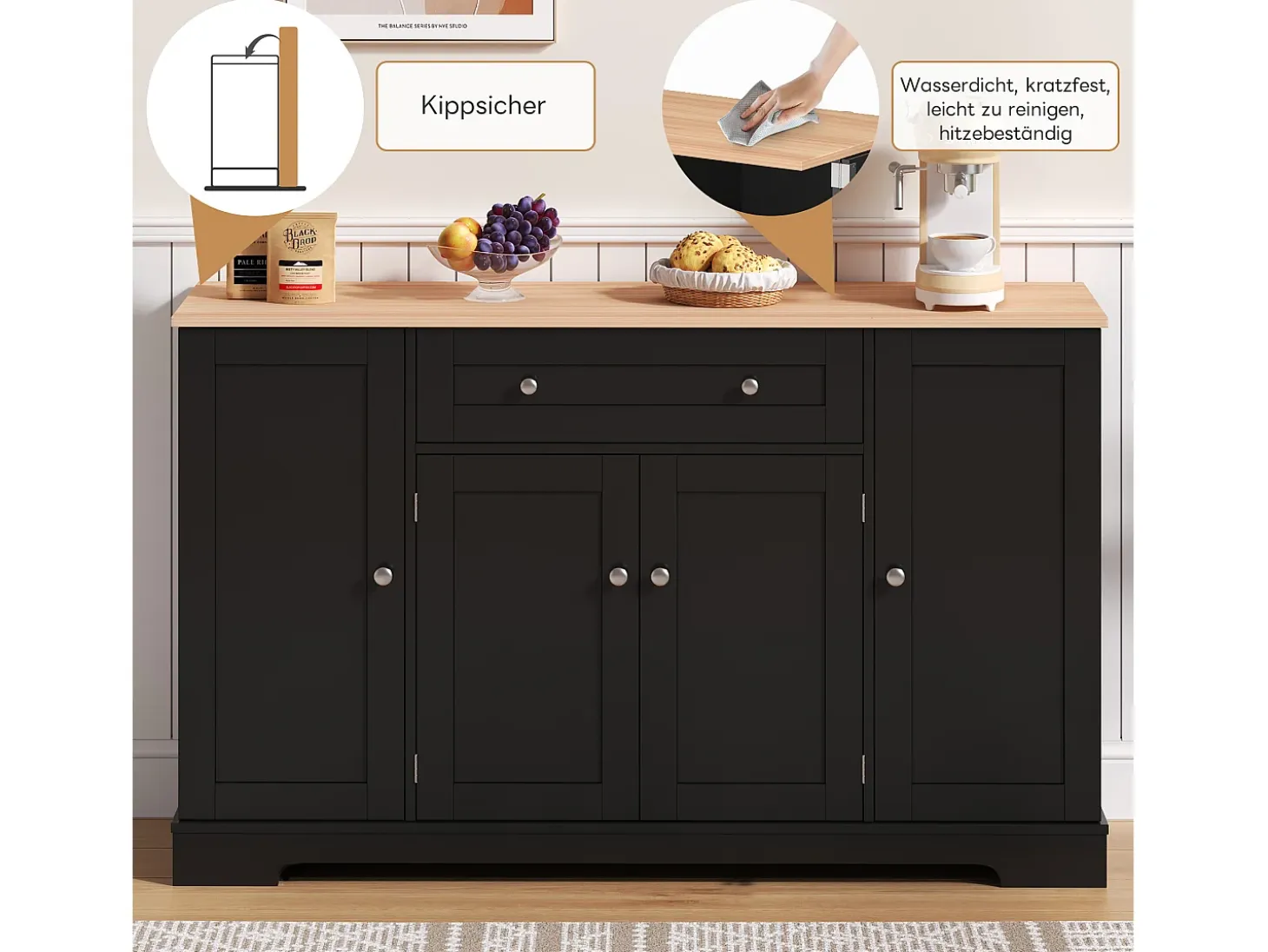 Aparador multifuncional – Aparador de 138 cm con cajón, puertas con estantes regulables, diseño moderno (138x47x80 cm)