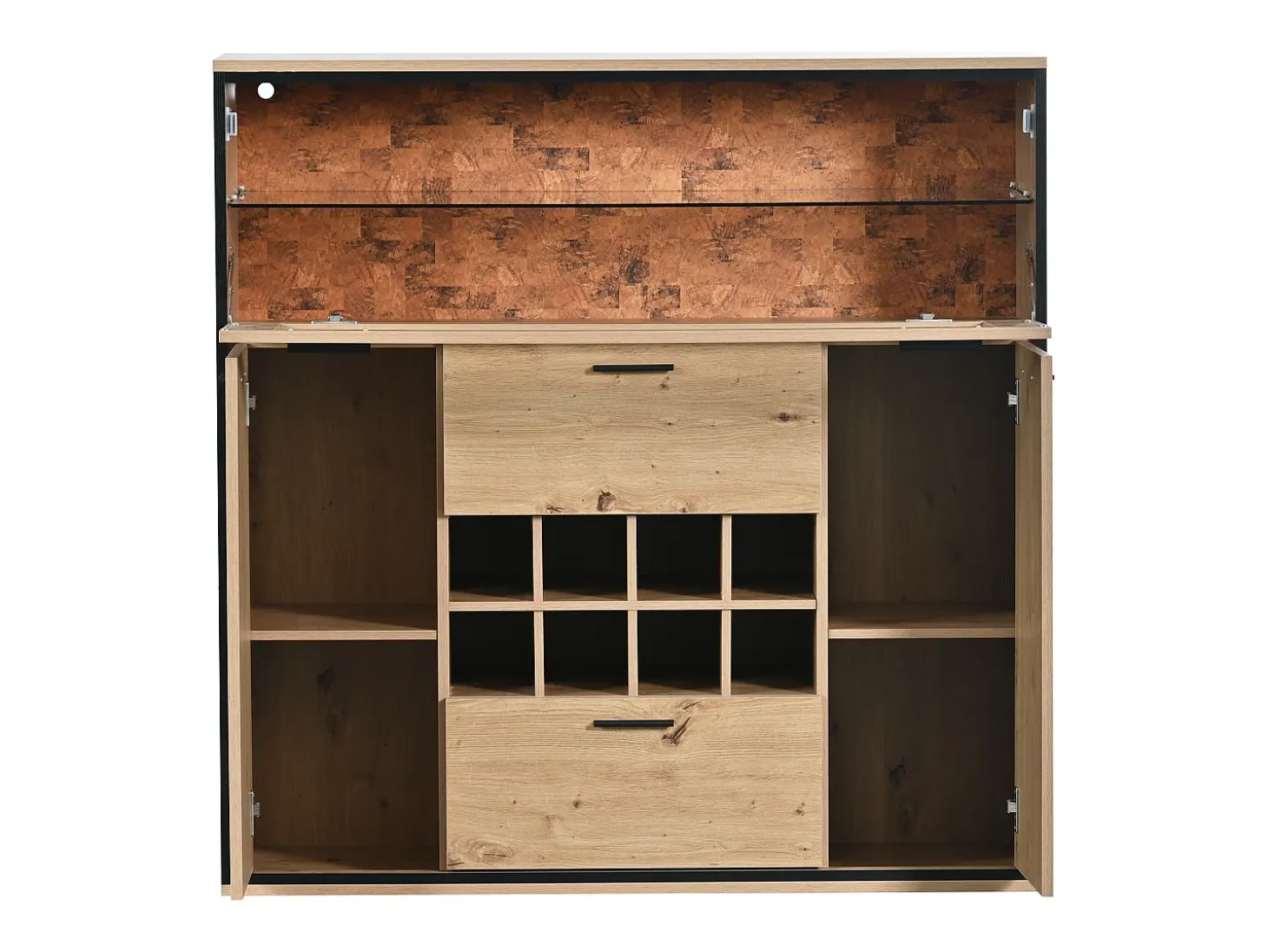 Aparador multifuncional 110x38x111 cm estante de cristal con LED y 8 portabotellas - Natural