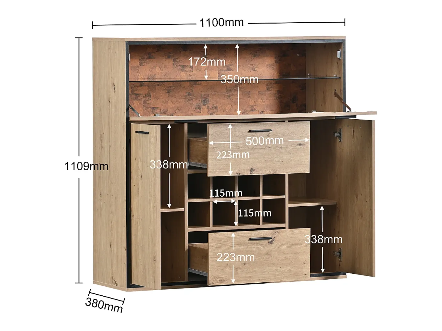 Aparador multifuncional 110x38x111 cm estante de cristal con LED y 8 portabotellas - Natural