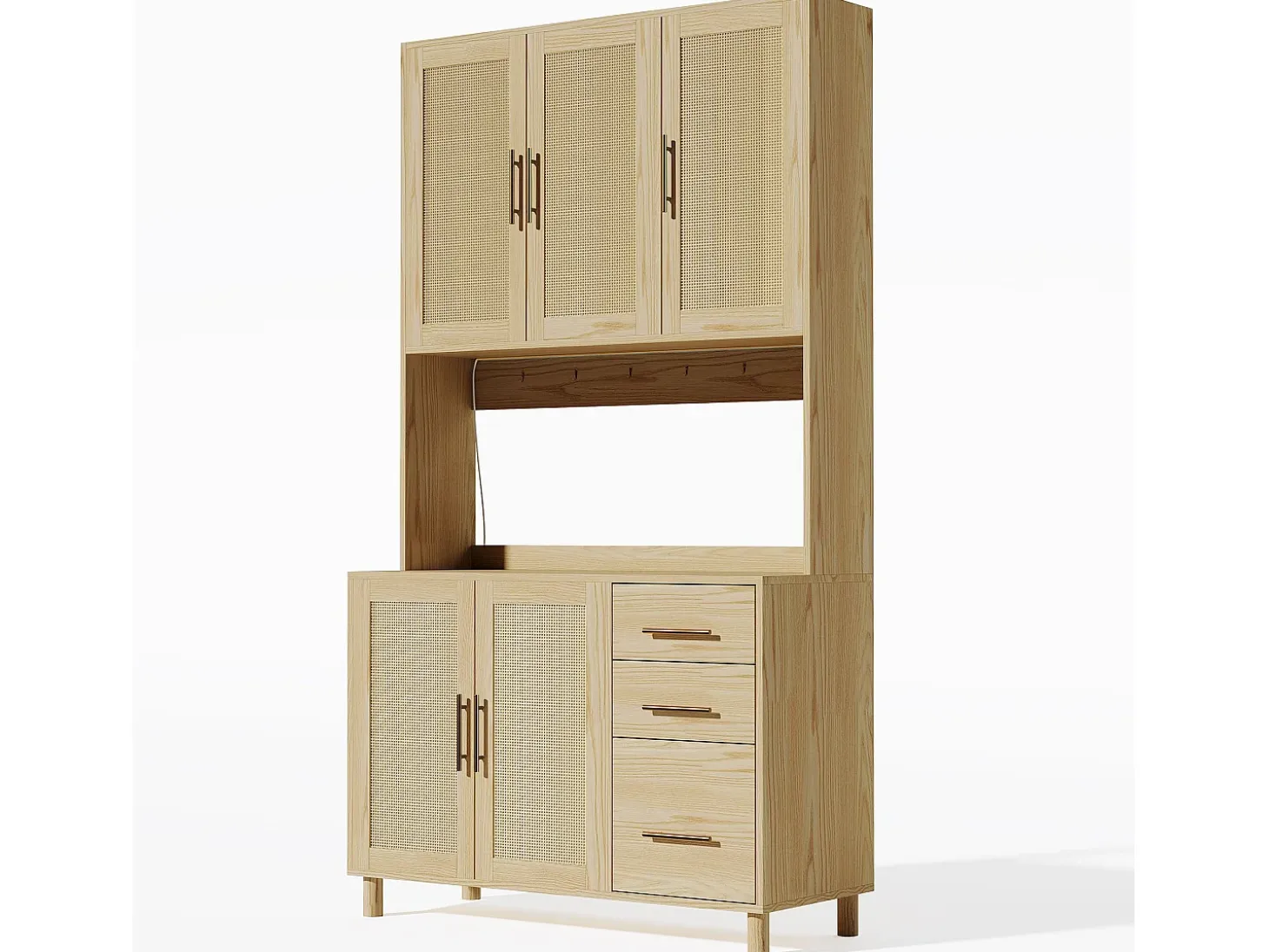 Aparador Natural - Aparador con 3 Cajones y 5 Puertas - estantes ajustables y carga USB - para comedor