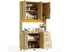 Aparador Natural - Aparador con 3 Cajones y 5 Puertas - estantes ajustables y carga USB - para comedor