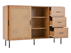 Aparador natural con 2 puertas correderas y 3 cajones, estantes regulables 140x37x91 cm