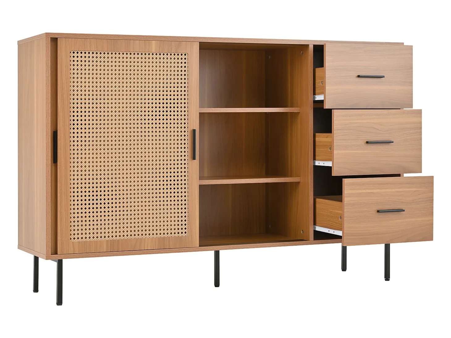 Aparador natural con 2 puertas correderas y 3 cajones, estantes regulables 140x37x91 cm