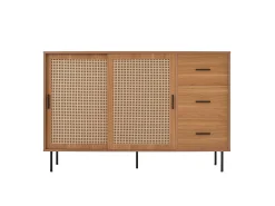 Aparador natural con 2 puertas correderas y 3 cajones, estantes regulables 140x37x91 cm