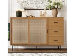 Aparador natural con 2 puertas correderas y 3 cajones, estantes regulables 140x37x91 cm