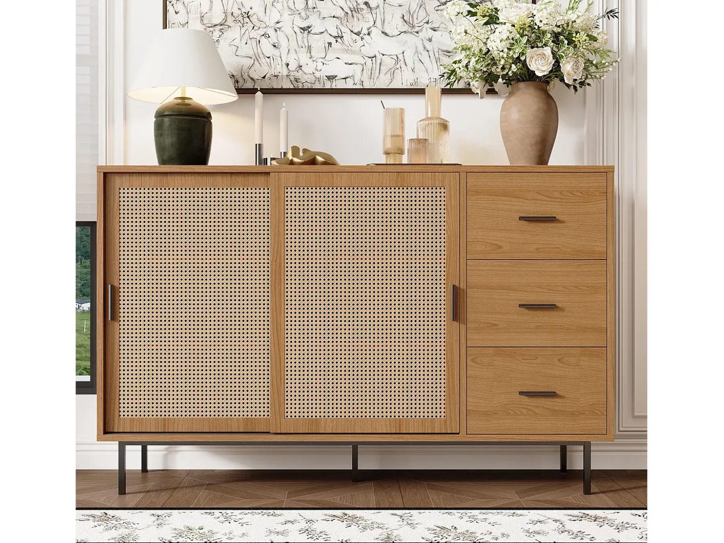 Aparador natural con 2 puertas correderas y 3 cajones, estantes regulables 140x37x91 cm
