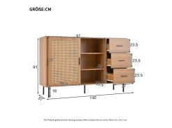 Aparador natural con 2 puertas correderas y 3 cajones, estantes regulables 140x37x91 cm