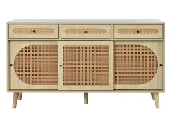 Aparador natural, 140x40x78 cm, con 3 cajones y 3 puertas correderas, estantes regulables