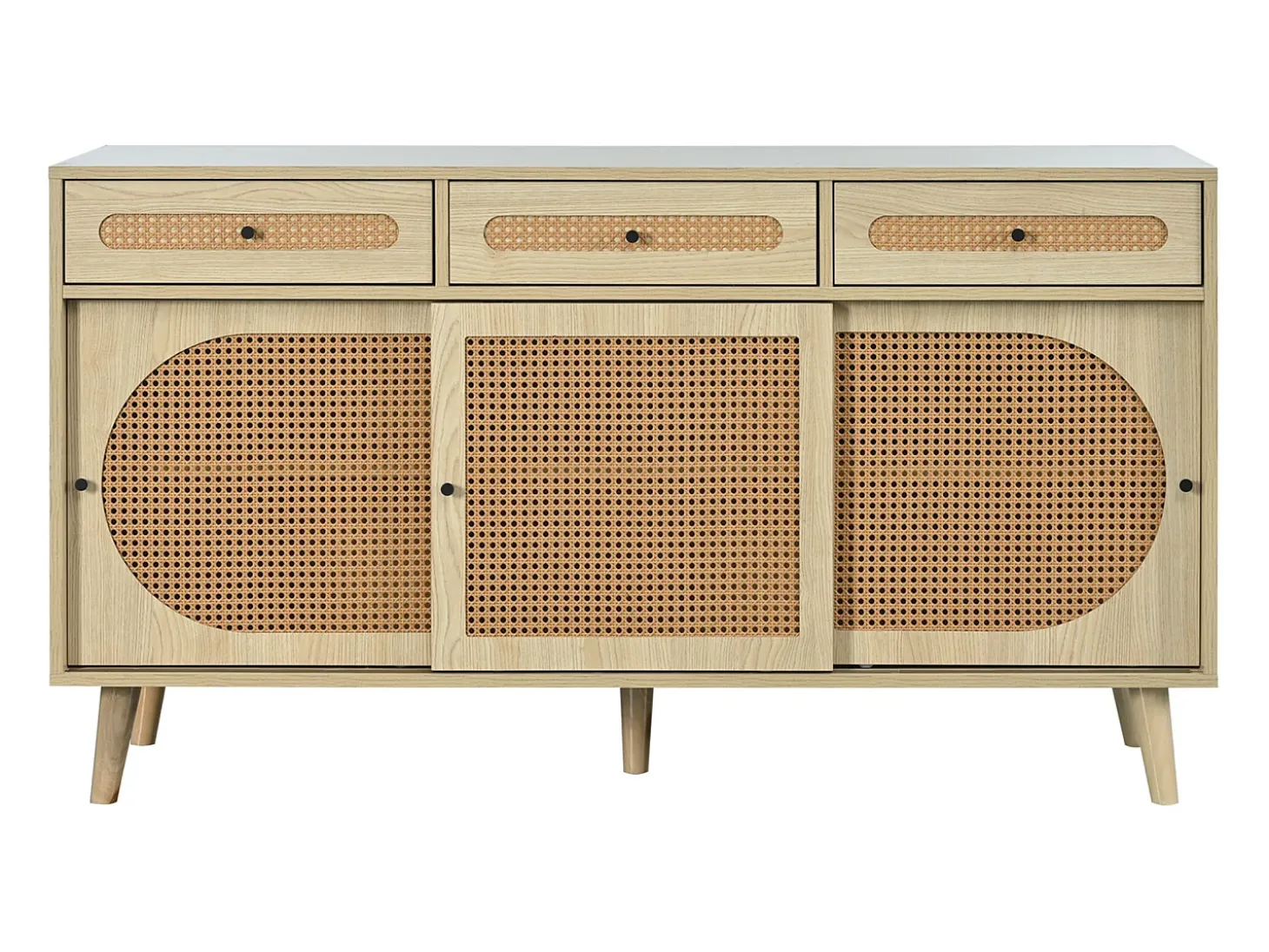 Aparador natural, 140x40x78 cm, con 3 cajones y 3 puertas correderas, estantes regulables